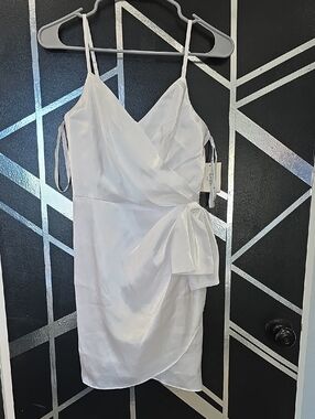 Joules White Satin Faux-Wrap Mini Dress with Side Tie